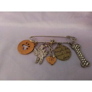 Chico's Angel Dog Brooch Pin with Charms Mixed Metals, Rhinestone, Bone & Wings